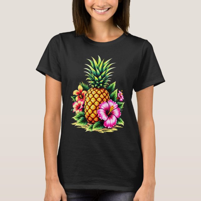Ananas- och Hibiscus Flower Hawaii Sommarkabin T Shirt (Framsida)