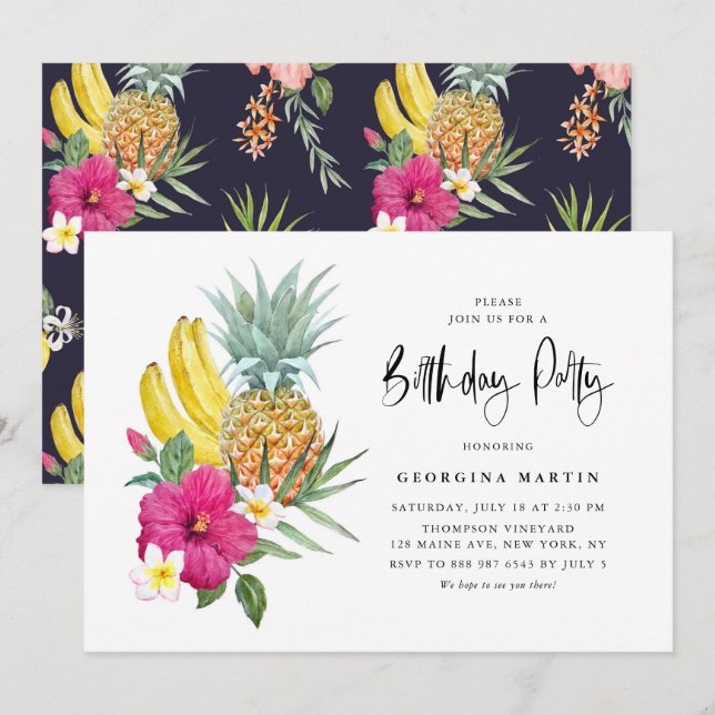 Ananas och Hibiscus Tropical Luau Birthday Inbjudningar (Fram/baksida)