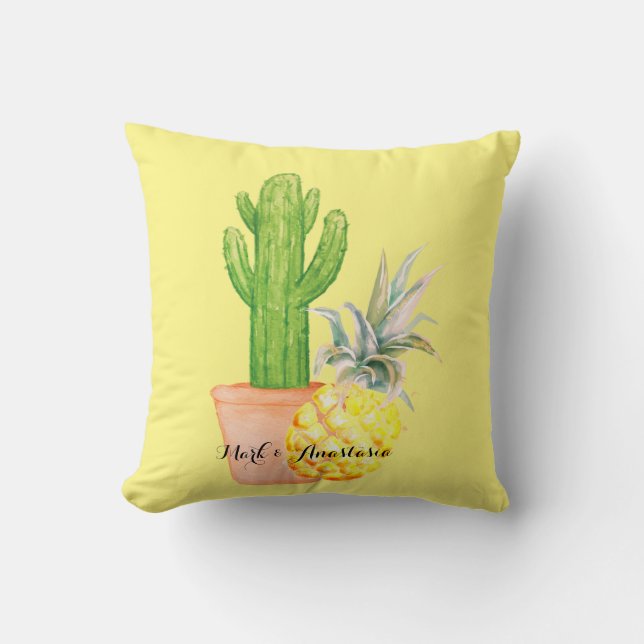 Ananas och kaktus i den moderna Gulten Kärlek Kudde (Framsida)