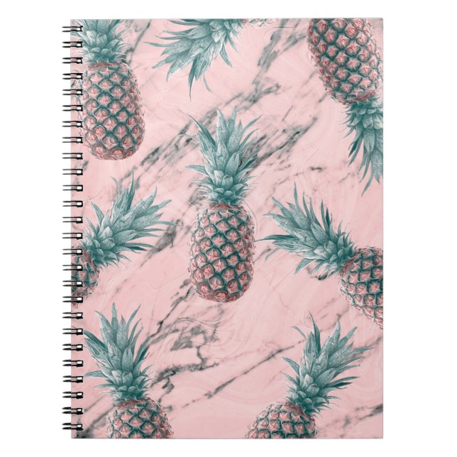 Ananas och Rosa Marble Swirl Modern Tropical Chic Anteckningsbok (Framsidan)