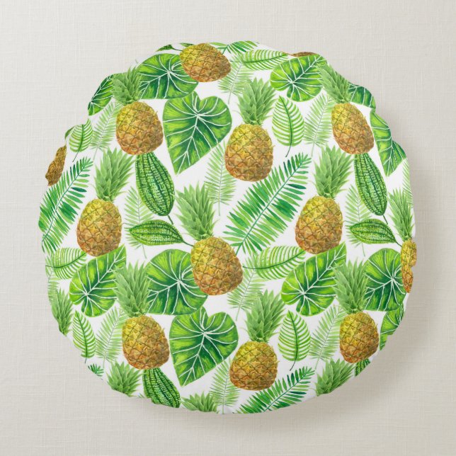 Ananas och tropiska löv rund kudde (Framsidan)