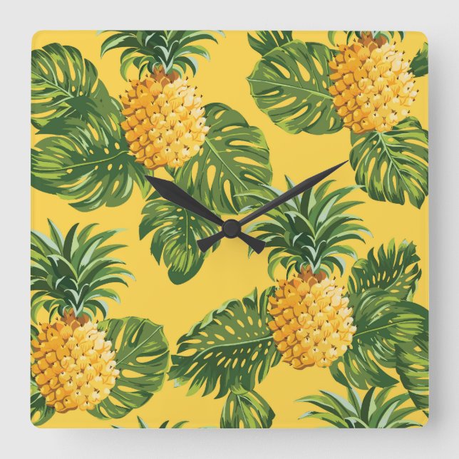 Ananas och tropiskt Löv på Guld Fyrkantig Klocka (Framsida)