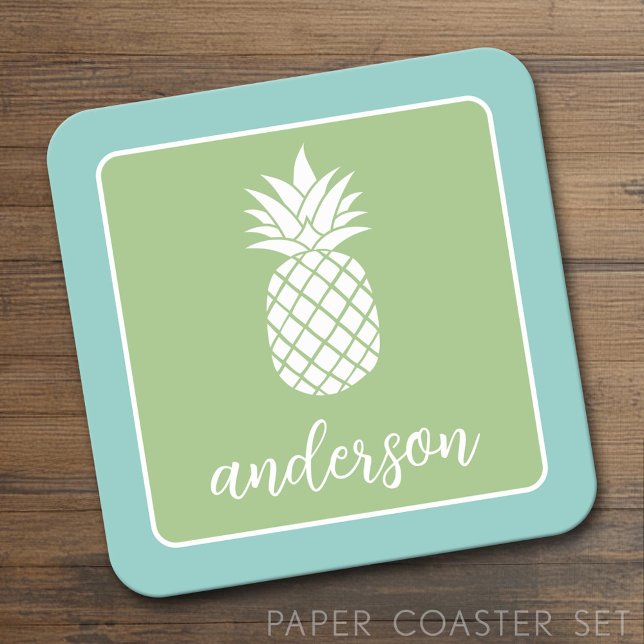 Ananas- och Whimsical grönt teal - skript namn Underlägg Papper Kvadrat (Custom Coaster)