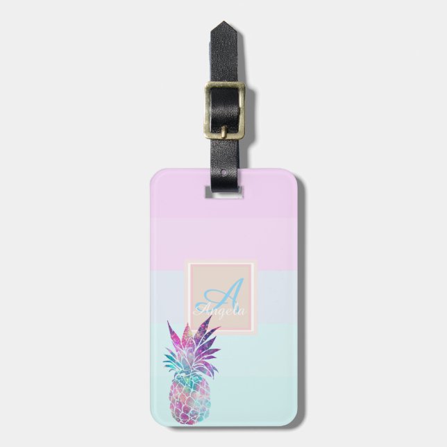 Ananas Ombre-randig  Monogram-personaliserad Bagagebricka (Vertikal Framsida)