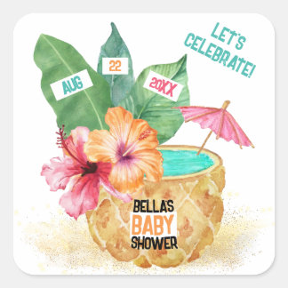 Ananas Palm Hibiskus Tropisk Strand Bebis Shower Fyrkantigt Klistermärke