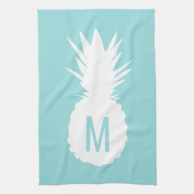 Ananas (pastellblå monogram) kökshandduk (Vertikal)