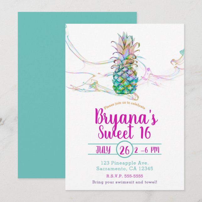 Ananas Regnbåge Färg Stänk Söt 16 Festsajt Inbjudningar (Fram/baksida)