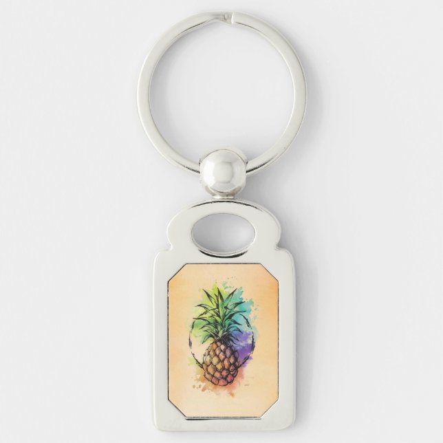 Ananas Rektangulärt Silverfärgad Nyckelring (Framsidan)