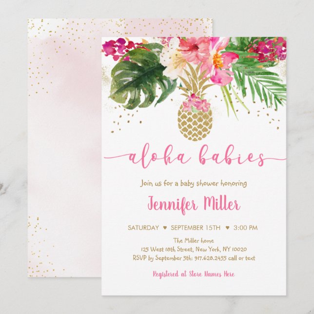 Ananas Rosa Blommigt Aloha Twin Baby Shower Inbjudningar (Fram/baksida)