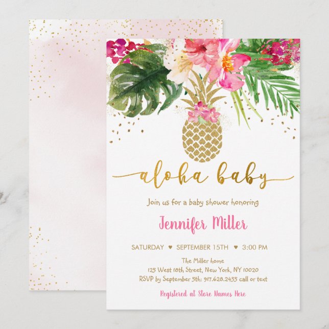 Ananas Rosa Guld Blommigt Aloha Baby Shower Inbjudningar (Fram/baksida)
