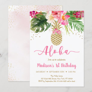 Ananas Rosa Guld Blommigt Aloha Birthday Inbjudningar