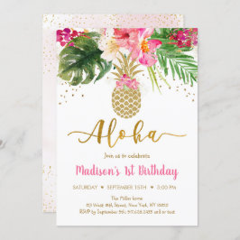 Ananas Rosa Guld Blommigt Aloha Birthday Inbjudningar