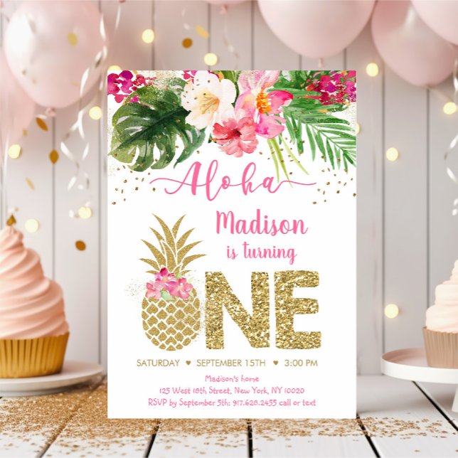 Ananas Rosa Guld Blommigt Första födelsedag Inbjudningar (Skapare uppladdad)