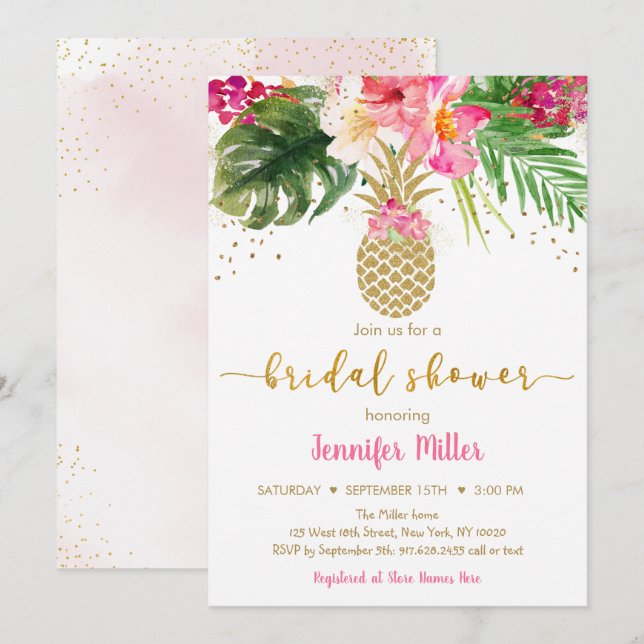 Ananas Rosa Guld Blommigt Tropiska Möhippan Inbjudningar (Fram/baksida)