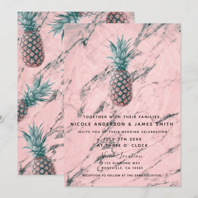 Ananas & Rosa Marmorvirvel Modern Chic Bröllop Inbjudningar (Fram/baksida)