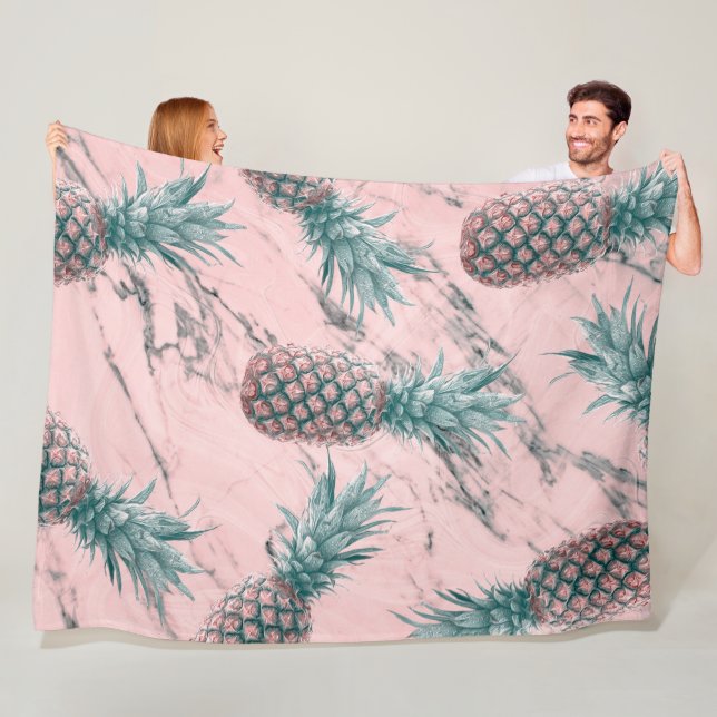 Ananas & Rosa Marmorvirvel Modern Tropisk Chic Fleecefilt (På plats)