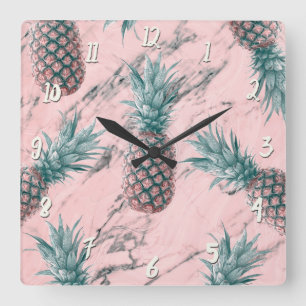 Ananas & Rosa Marmorvirvel Modern Tropisk Chic Fyrkantig Klocka