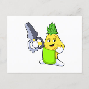 Ananas som frisör med sax och rakhyvel vykort
