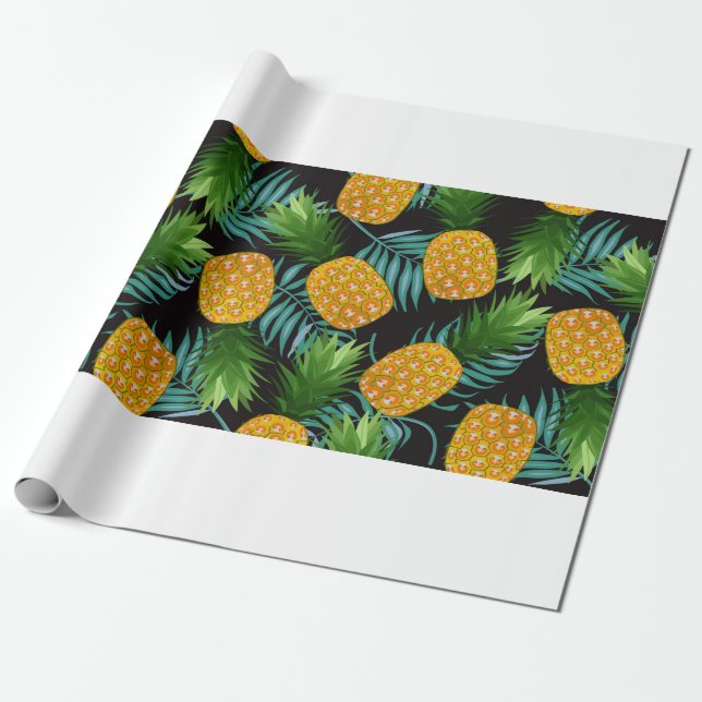 Ananas, sömlös mönster med handflatan löv på bla presentpapper (Utrullad)