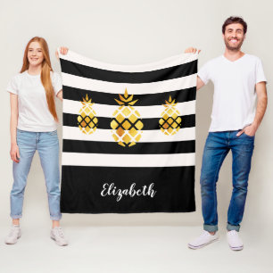 Ananas, svart guld, vit rand namn fleecefilt