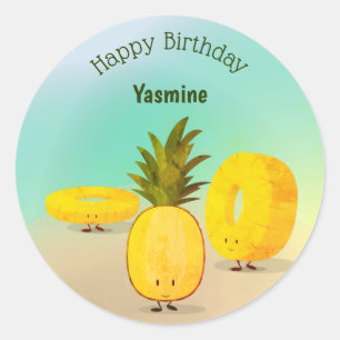 Ananas Tecknad Grattis på födelsedagen Runt Klistermärke