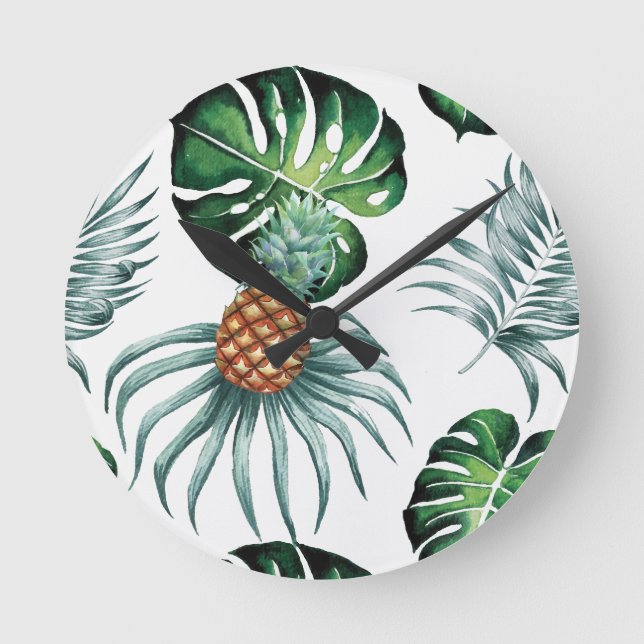 Ananas Tropisk Akvarell Djungel Palm Mönster Rund Klocka (Framsida)