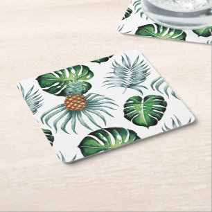 Ananas Tropisk Akvarell Djungel Palm Mönster Underlägg Papper Kvadrat