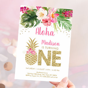 Ananas Tropiska Blommigt 1:a födelsedag Inbjudningar