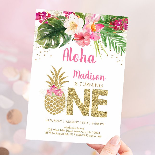 Ananas Tropiska Blommigt 1:a födelsedag Inbjudningar (Skapare uppladdad)