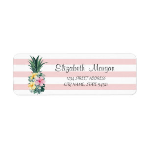 Ananas,Tropiska Blommor,Ränder Adressetikett Returadress Etikett