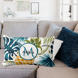 Ananas tropiska handflatan löv monogram lumbarkudde