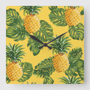 Ananas & tropiska löv på guld fyrkantig klocka