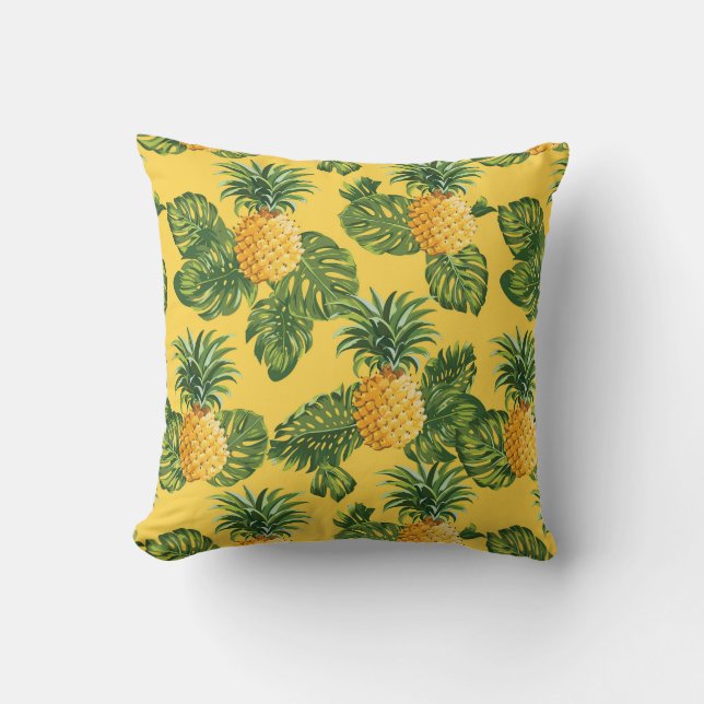 Ananas & tropiska löv på guld kudde (Framsida)