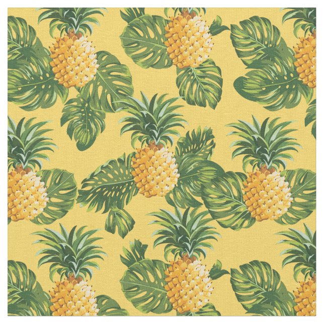 Ananas & tropiska löv på guld tyg (Närbild)