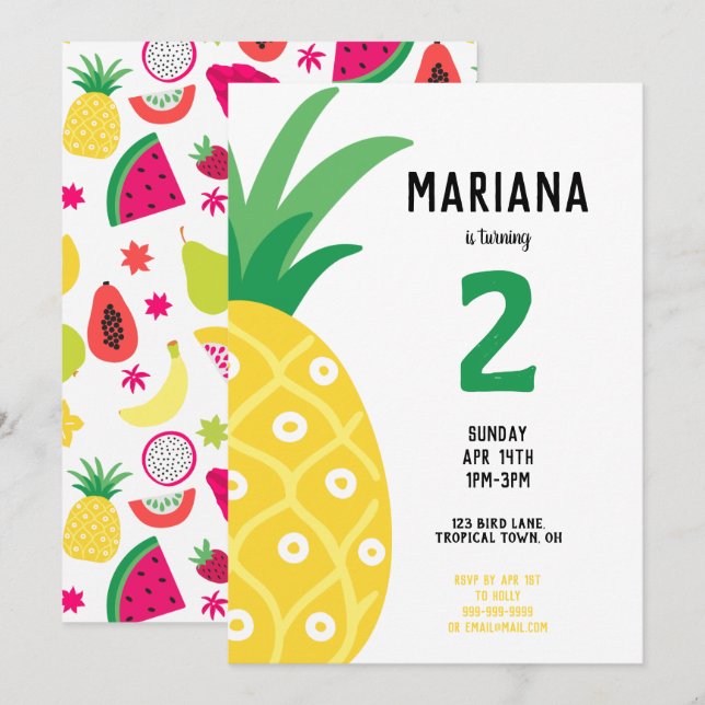 Ananas Tutti Frutti Fruit Födelsedagsfest Inbjudningar (Fram/baksida)