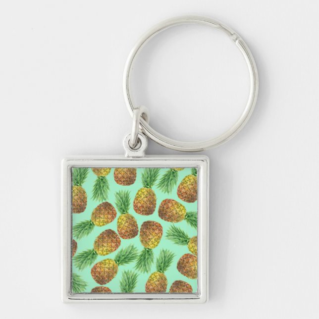Ananas vattenfärg 2 fyrkantig silverfärgad nyckelring (Framsidan)