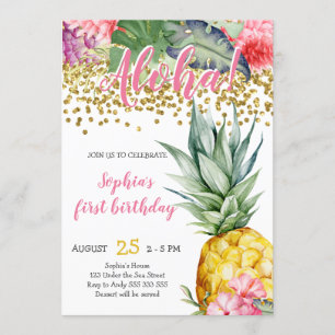 Ananas Vattenfärg Aloha Luau födelsedag Inbjudningar