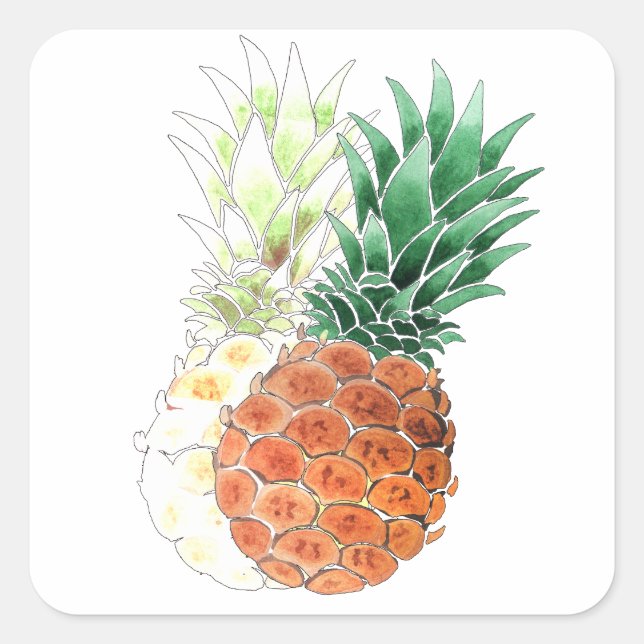 Ananas, vattenfärg. fyrkantigt klistermärke (Framsida)