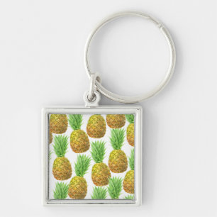 Ananas vattenfärg mönster fyrkantig silverfärgad nyckelring