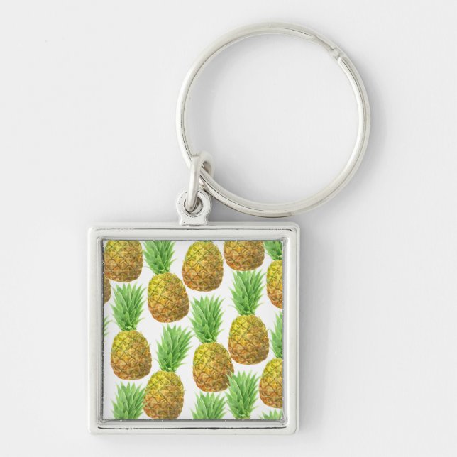 Ananas vattenfärg mönster fyrkantig silverfärgad nyckelring (Framsidan)