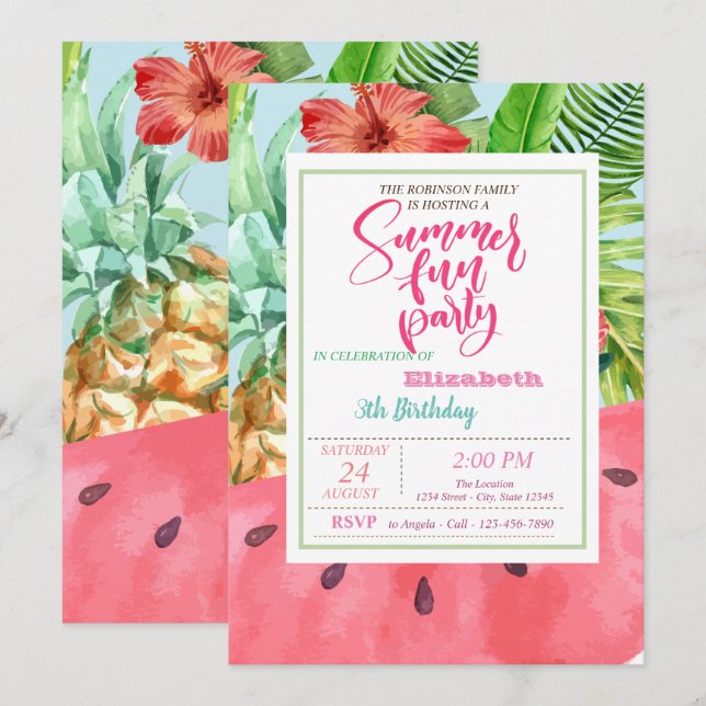 Ananas,Vattenmelon Palmblad Sommar Födelsedag Inbjudningar (Fram/baksida)