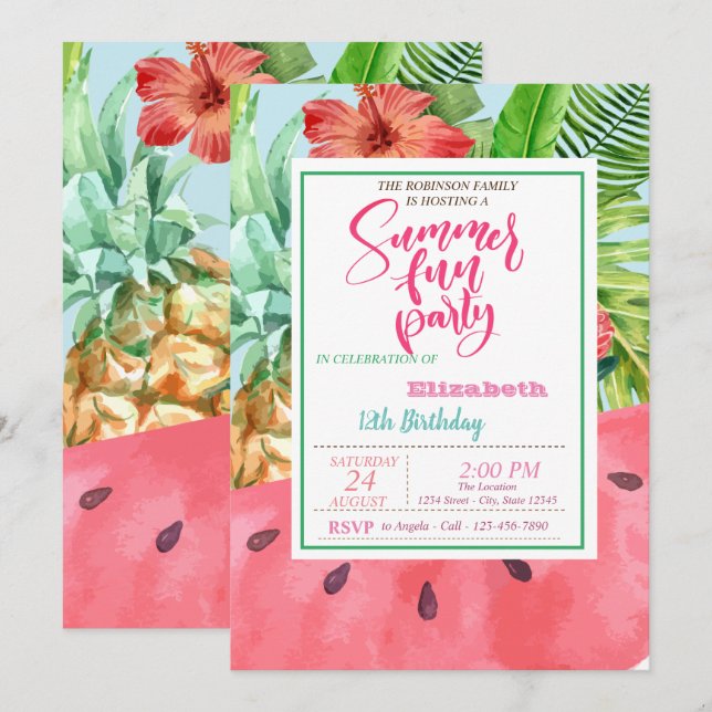 Ananas, Vattenmelon, Palmblad Sommarfödelsedag Inbjudningar (Fram/baksida)
