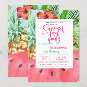 Ananas, Vattenmelon, Palmblad Sommarfödelsedag Inbjudningar
