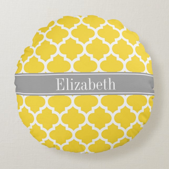 Ananas Vit Marockansk #5 Mörkgrå Namn Monogram Rund Kudde (Framsidan)