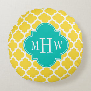 Ananas Vit Marockansk #5 Teal 3 Initial Monogramm Rund Kudde