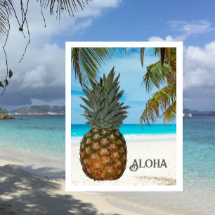 Ananas, vit sandstrand, palmer, blå himmel vykort