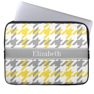 Ananas Wht Dk Grått Houndstooth Namn Monogram Laptop Sleeve