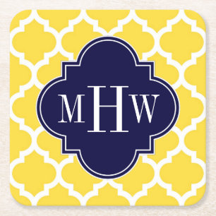 Ananas Wht Moroccan #5 Navy 3 Initial Monogram Underlägg Papper Kvadrat