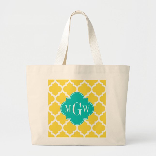 Ananas Wht Moroccan #5 Teal 3 Initial Monogram Jumbo Tygkasse (Framsidan)
