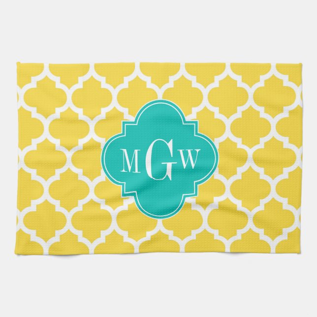Ananas Wht Moroccan #5 Teal 3 Initial Monogram Kökshandduk (Horisontell)